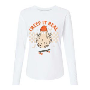 Creep It Real Skateboarding Ghost Retro Halloween Costume Womens Cotton Relaxed Long Sleeve T-Shirt