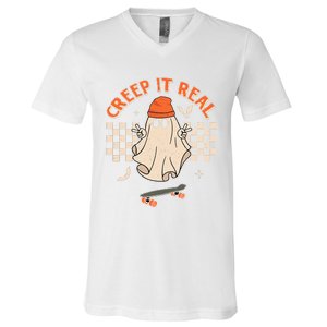 Creep It Real Skateboarding Ghost Retro Halloween Costume V-Neck T-Shirt