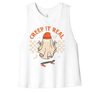 Creep It Real Skateboarding Ghost Retro Halloween Costume Women's Racerback Cropped Tank