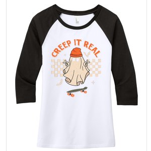 Creep It Real Skateboarding Ghost Retro Halloween Costume Women's Tri-Blend 3/4-Sleeve Raglan Shirt