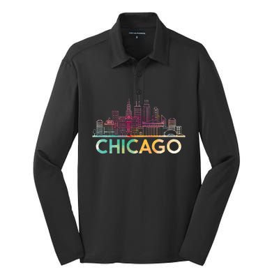 Chicago Illinois Skyline City Souvenir Silk Touch Performance Long Sleeve Polo