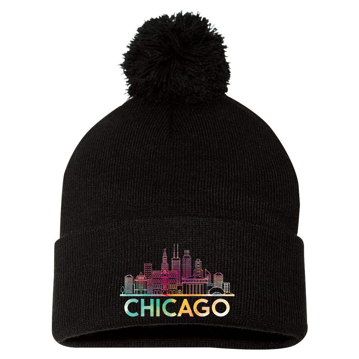 Chicago Illinois Skyline City Souvenir Pom Pom 12in Knit Beanie