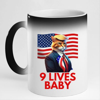 Cat In Suite With Trump Hair American Flag Nine Lives Baby 11oz Black Color Changing Mug