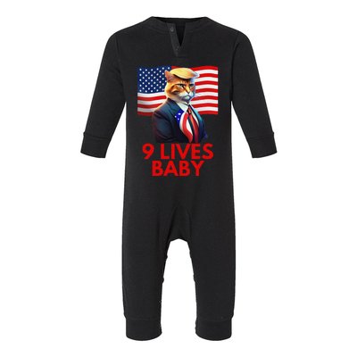 Cat In Suite With Trump Hair American Flag Nine Lives Baby Infant Fleece One Piece