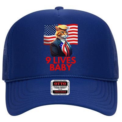 Cat In Suite With Trump Hair American Flag Nine Lives Baby High Crown Mesh Back Trucker Hat