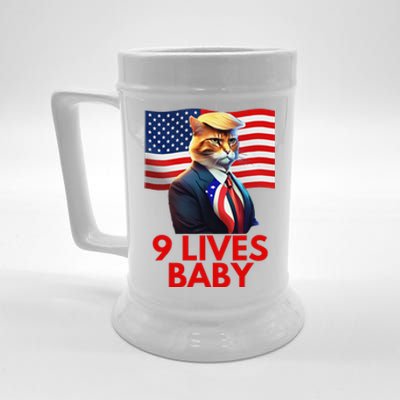 Cat In Suite With Trump Hair American Flag Nine Lives Baby Beer Stein