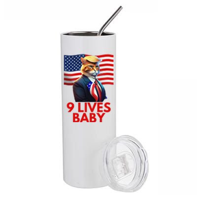 Cat In Suite With Trump Hair American Flag Nine Lives Baby Stainless Steel Tumbler