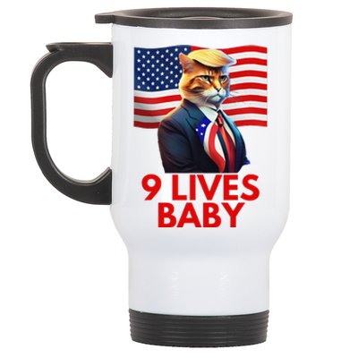 Cat In Suite With Trump Hair American Flag Nine Lives Baby Stainless Steel Travel Mug