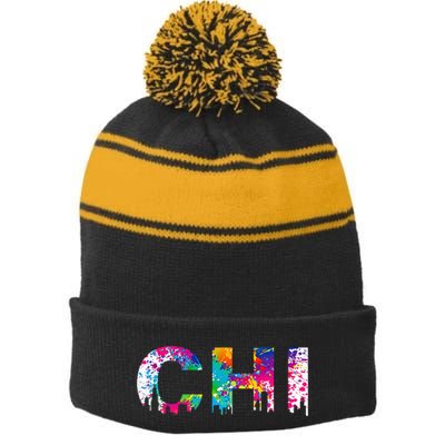 CHI Illinois Skyline Color Paint Splash Rainbow Chicago City Stripe Pom Pom Beanie