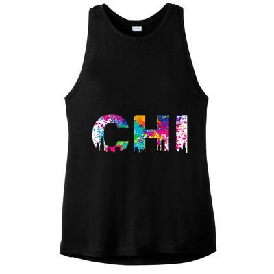 CHI Illinois Skyline Color Paint Splash Rainbow Chicago City Ladies PosiCharge Tri-Blend Wicking Tank