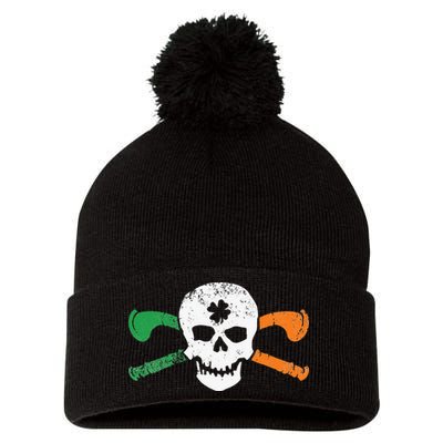 Colorful Irish Skull & Cross Shillelagh Clubs Shamrock Pom Pom 12in Knit Beanie