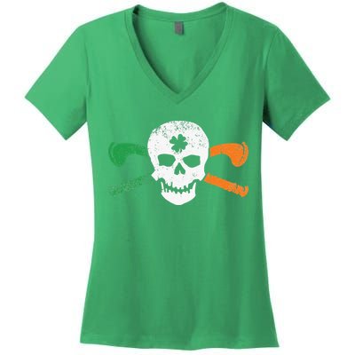 Colorful Irish Skull & Cross Shillelagh Clubs Shamrock Women's V-Neck T-Shirt