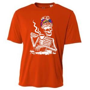 Coffee Ing Skeleton Lazy Diy Halloween Messy Bun Hair Gift Cooling Performance Crew T-Shirt