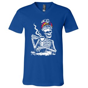 Coffee Ing Skeleton Lazy Diy Halloween Messy Bun Hair Gift V-Neck T-Shirt