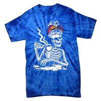 Coffee Ing Skeleton Lazy Diy Halloween Messy Bun Hair Gift Tie-Dye T-Shirt