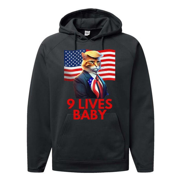 Cat In Suite With Trump Hair American Flag Nine Lives Baby Gift Performance Fleece Hoodie