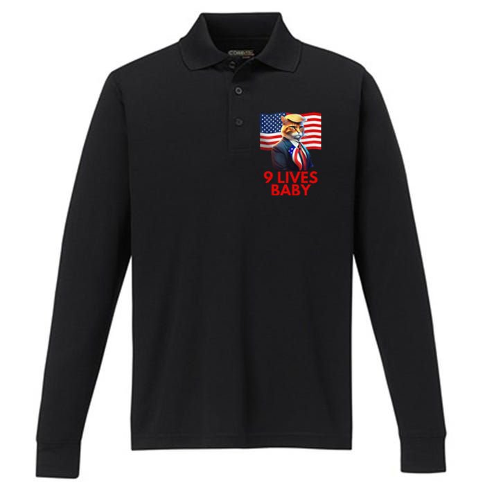 Cat In Suite With Trump Hair American Flag Nine Lives Baby Gift Performance Long Sleeve Polo