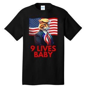 Cat In Suite With Trump Hair American Flag Nine Lives Baby Gift Tall T-Shirt