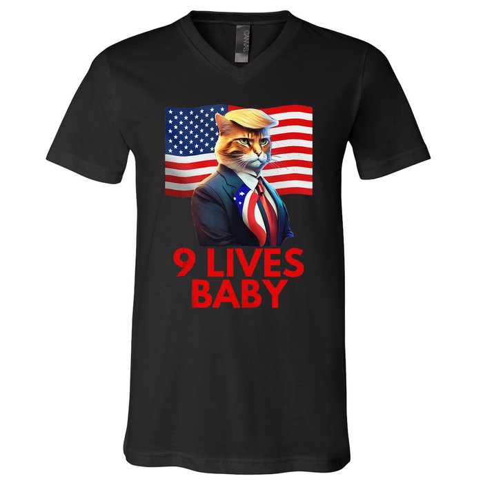 Cat In Suite With Trump Hair American Flag Nine Lives Baby Gift V-Neck T-Shirt