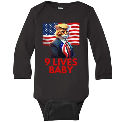 Cat In Suite With Trump Hair American Flag Nine Lives Baby Gift Baby Long Sleeve Bodysuit