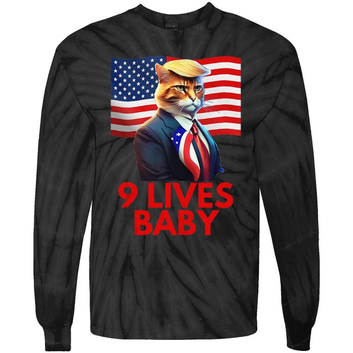 Cat In Suite With Trump Hair American Flag Nine Lives Baby Gift Tie-Dye Long Sleeve Shirt