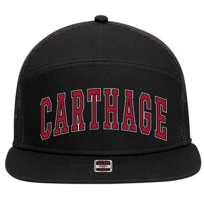 Carthage Illinois Souvenir College Style Red Text 7 Panel Mesh Trucker Snapback Hat