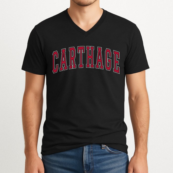 Carthage Illinois Souvenir College Style Red Text V-Neck T-Shirt