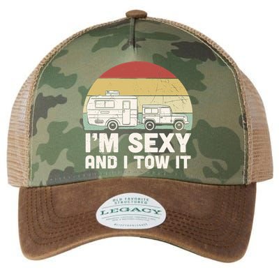 Camping I'm Sexy And I Tow It Funny Retro Sunset Legacy Tie Dye Trucker Hat