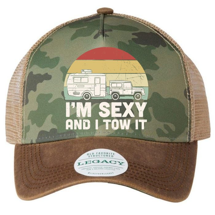 Camping I'm Sexy And I Tow It Funny Retro Sunset Legacy Tie Dye Trucker Hat