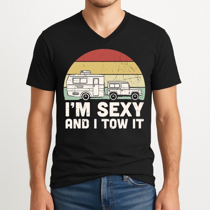 Camping I'm Sexy And I Tow It Funny Retro Sunset V-Neck T-Shirt