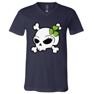 Cute Irish Shamrock Leaf Skull V-Neck T-Shirt