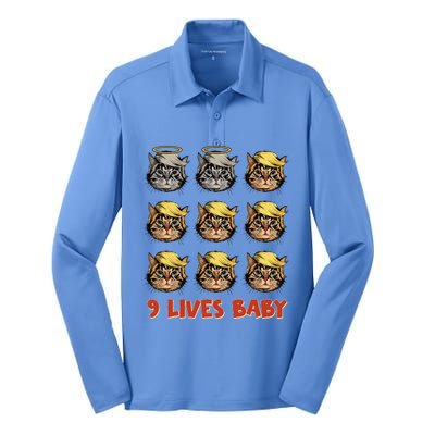 Cat In Suite With Trump Hair American Flag Nine Lives Baby Silk Touch Performance Long Sleeve Polo