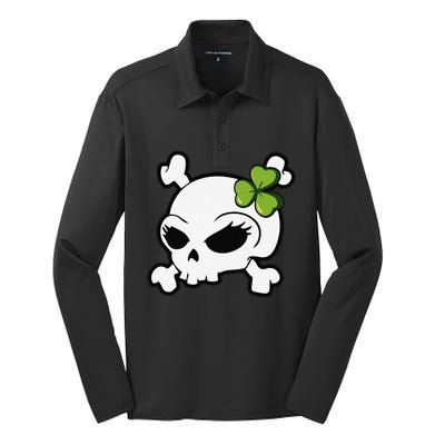 Cute Irish Shamrock Leaf Skull Silk Touch Performance Long Sleeve Polo