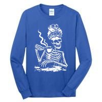 Coffee Ing Skeleton Coffee Messy Bun Halloween Cute Gift Tall Long Sleeve T-Shirt