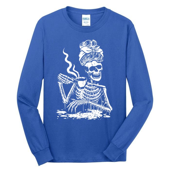 Coffee Ing Skeleton Coffee Messy Bun Halloween Cute Gift Tall Long Sleeve T-Shirt