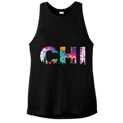CHI Illinois Skyline Color Paint Splash Rainbow Chicago City Ladies PosiCharge Tri-Blend Wicking Tank