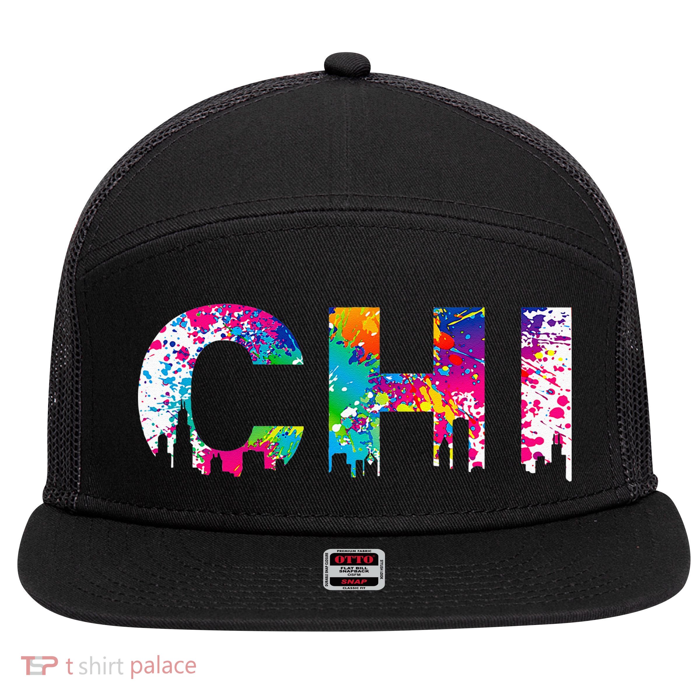 CHI Illinois Skyline Color Paint Splash Rainbow Chicago City 7 Panel Mesh Trucker Snapback Hat