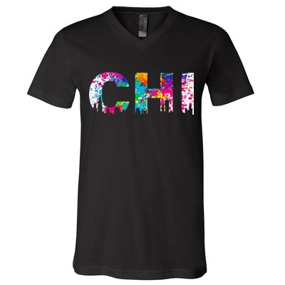 CHI Illinois Skyline Color Paint Splash Rainbow Chicago City V-Neck T-Shirt