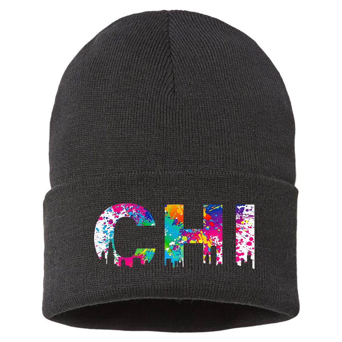 CHI Illinois Skyline Color Paint Splash Rainbow Chicago City Sustainable Knit Beanie
