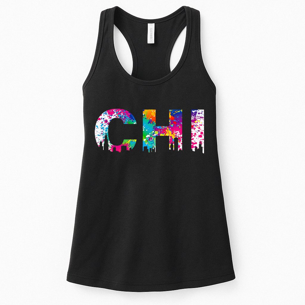 CHI Illinois Skyline Color Paint Splash Rainbow Chicago City Womens Tank Top
