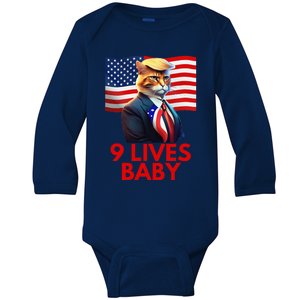 Cat In Suite With Trump Hair American Flag Nine Lives Baby Baby Long Sleeve Bodysuit