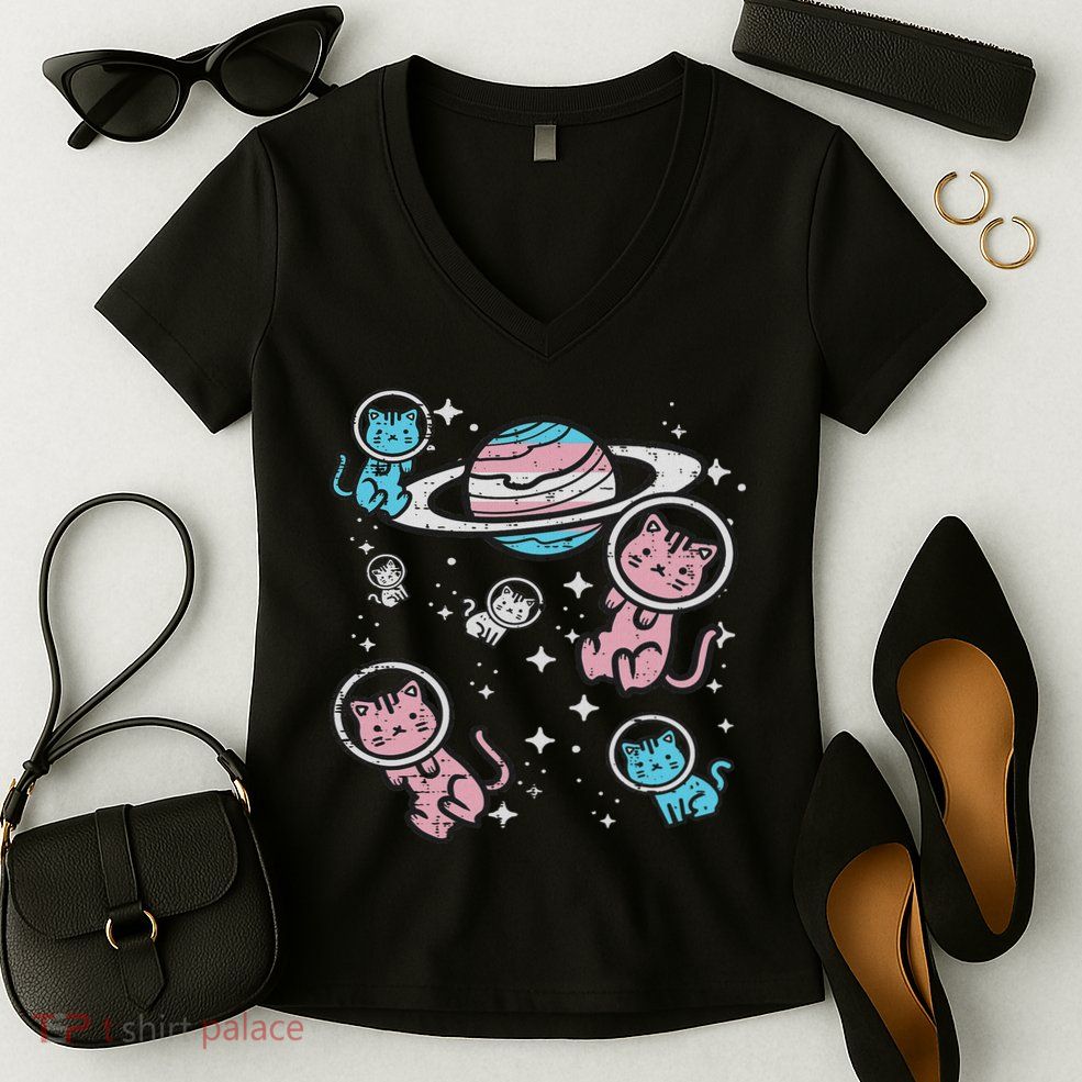 Cats In Space Transsexual Pride Month Lgbt Women's V-Neck T-Shirt