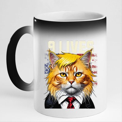 Cat In Suite With Trump Hair Nine Lives Usa Flag 11oz Black Color Changing Mug