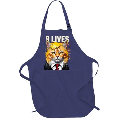 Cat In Suite With Trump Hair Nine Lives Usa Flag Full-Length Apron With Pockets