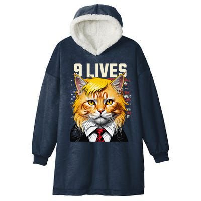 Cat In Suite With Trump Hair Nine Lives Usa Flag Hooded Wearable Blanket