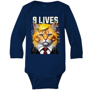 Cat In Suite With Trump Hair Nine Lives Usa Flag Baby Long Sleeve Bodysuit