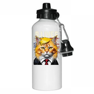 Cat In Suite With Trump Hair Nine Lives Usa Flag Aluminum Water Bottle