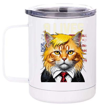 Cat In Suite With Trump Hair Nine Lives Usa Flag 12 oz Stainless Steel Tumbler Cup