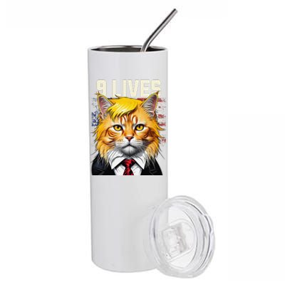 Cat In Suite With Trump Hair Nine Lives Usa Flag Stainless Steel Tumbler