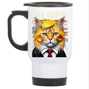 Cat In Suite With Trump Hair Nine Lives Usa Flag Stainless Steel Travel Mug